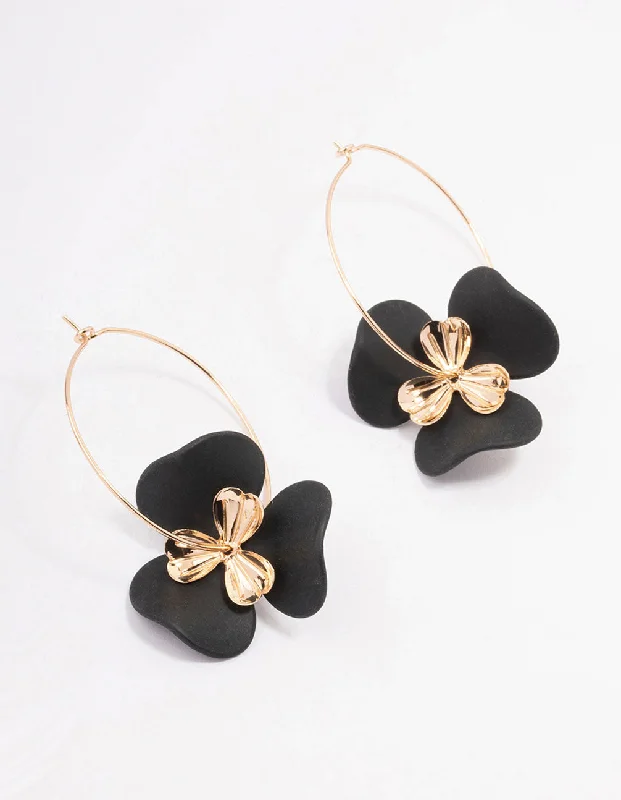 Women’s minimalistic earrings-Gold Large Flower Wire Hoop Earrings