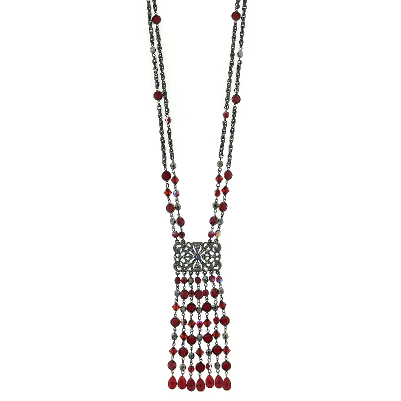 Women’s gold plated necklace-2028 Jewelry Siam Ab Crystal And Hematite Fringe Tassel Necklace 30"