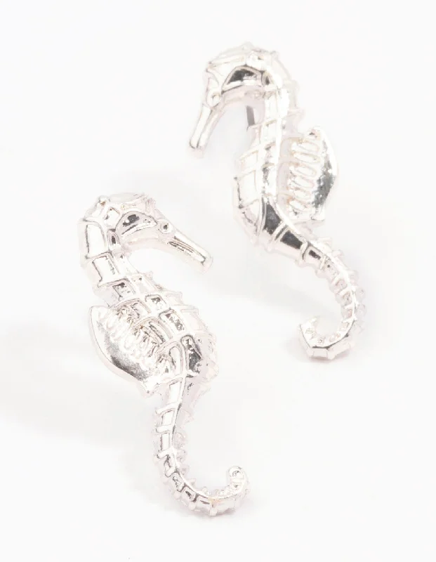 Women’s designer earrings-Silver Seahorse Stud Earrings