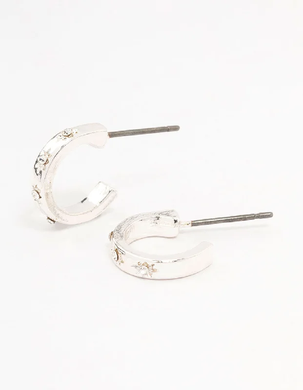 Women’s casual earrings-Silver Diamante Star Huggie Earrings