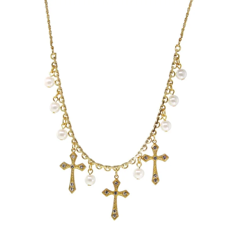 Women’s adjustable necklace-Symbols Of Faith Triple Cross Faux Pearl Drop Necklace 16" + 3" Extender