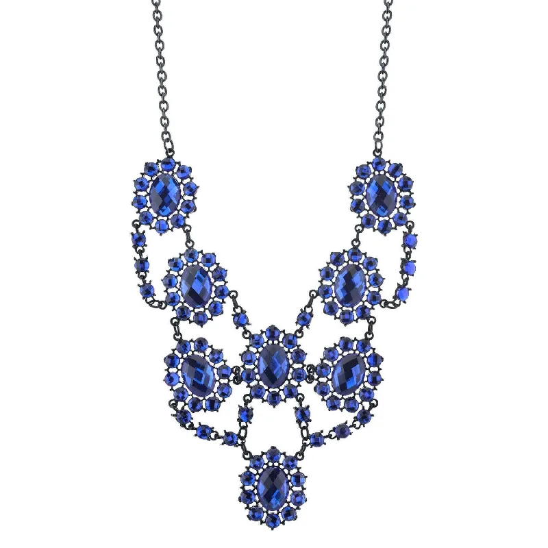 Women’s vintage crystal necklace-2028 Jewelry Sapphire Blue Faceted Statement Bib Necklace 16" + 3" Extender