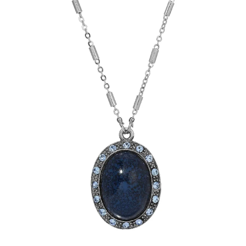 Women’s oval pendant necklace-1928 Jewelry Oval Lapis Blue Stone & Light Sapphire Crystal Pendant Necklace 16" + 3" Extension