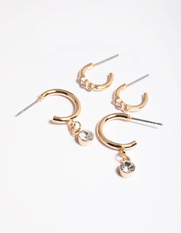 Women’s chic earrings-Gold Diamante Detail Hoop Earrings Pack