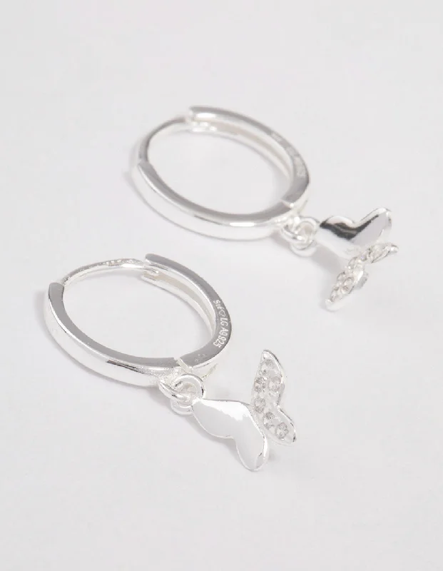 Women’s intricate design earrings-Sterling Silver Diamante Butterfly Huggie Earrings