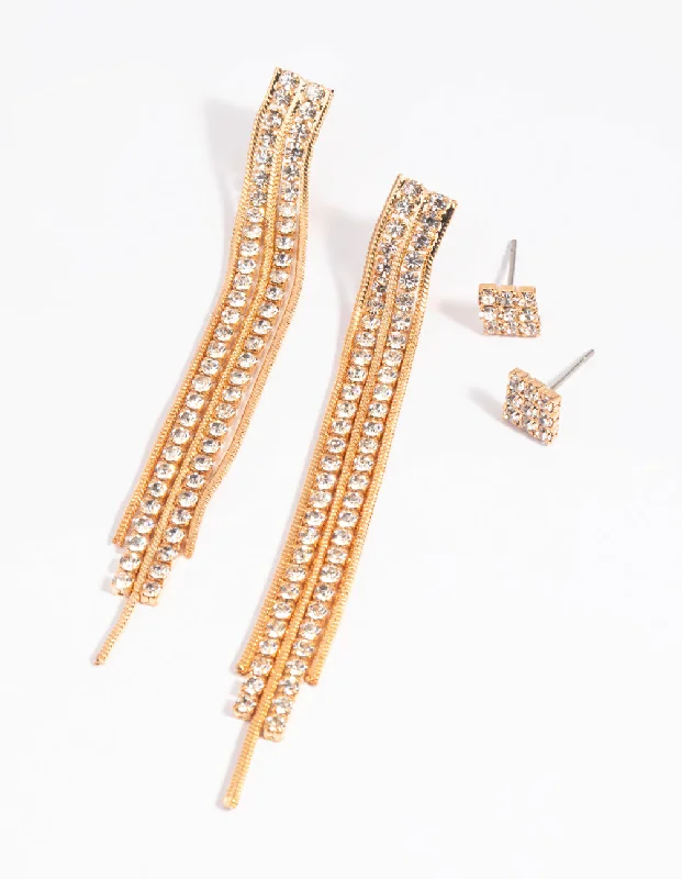 Women’s silver drop earrings-Gold Diamante Stud Earring Set