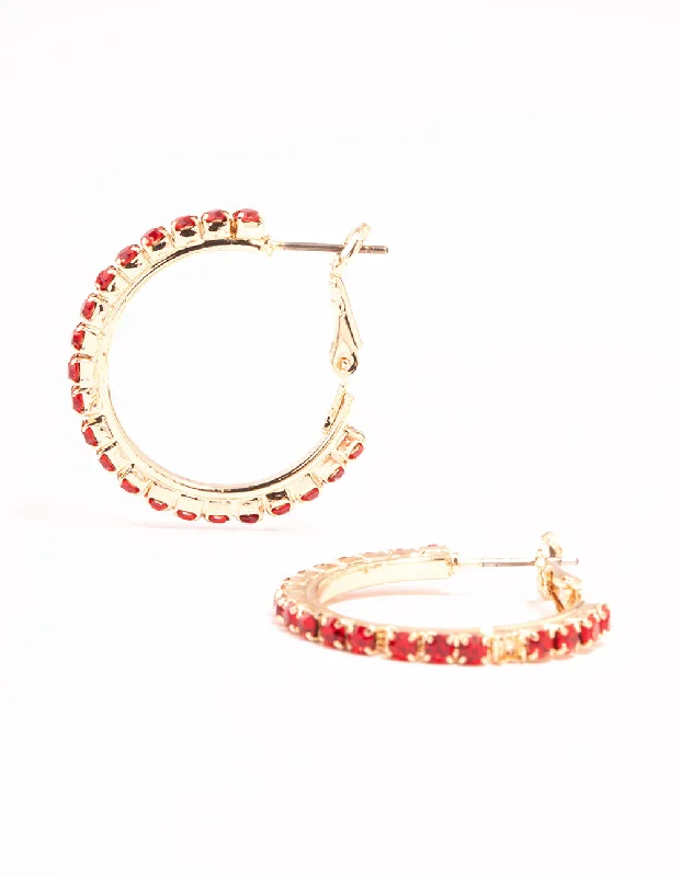 Women’s gold chain earrings-Gold Cupchain Red Diamante Hoop Earrings