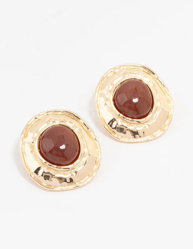 Women’s vintage earrings-Gold Molten Circle Disc Stud Earrings