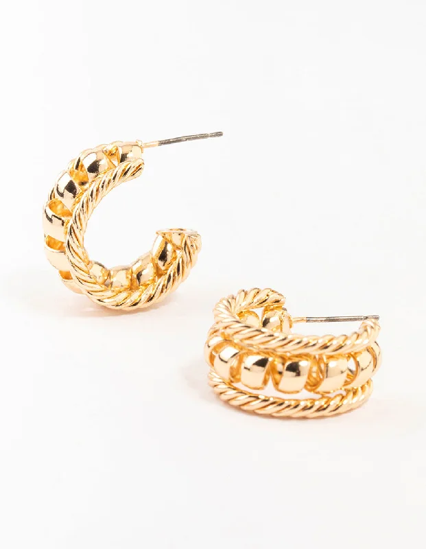 Women’s diamond earrings-Gold Twisted Rope & Ball Hoop Earrings