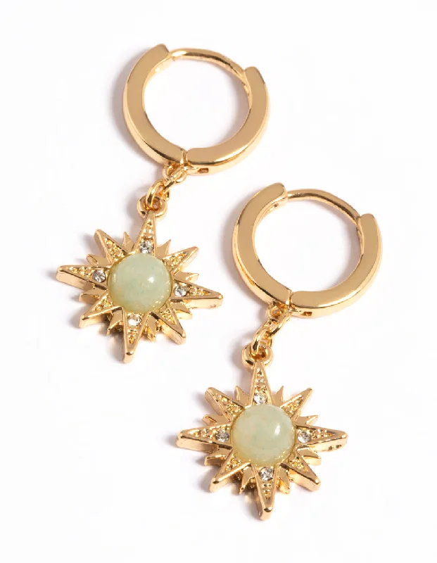 Women’s diamond earrings-Gold Plated Green Semi Precious Sun Earrings