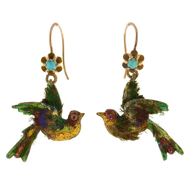 Women’s diamond stud earrings-Rare Victorian 15kt Enamel & Genuine Feather Bird Earrings