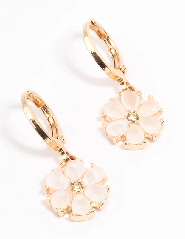 Women’s gold-plated earrings-Gold Dainty Pearly Flower Huggie Earrings