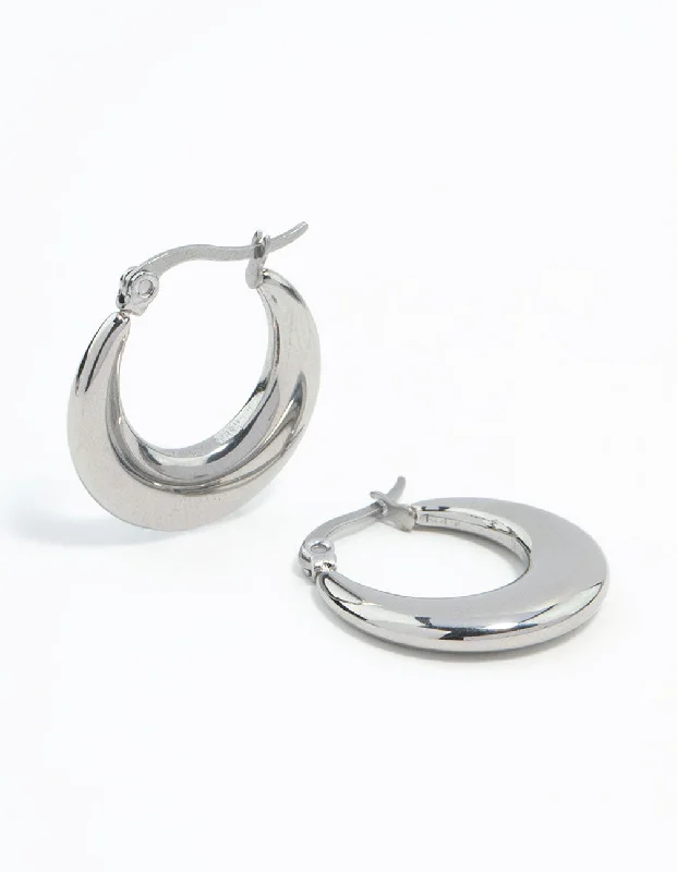 Women’s fashion earrings-Waterproof Stainless Steel Flat Crescent Hoop Earrings