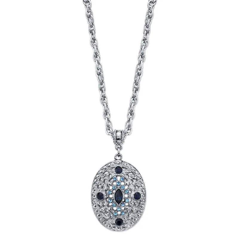 Women’s minimalist necklace-1928 Jewelry Dark and Light Blue Crystal Filigree Oval Pendant Necklace 16" + 3" Extender