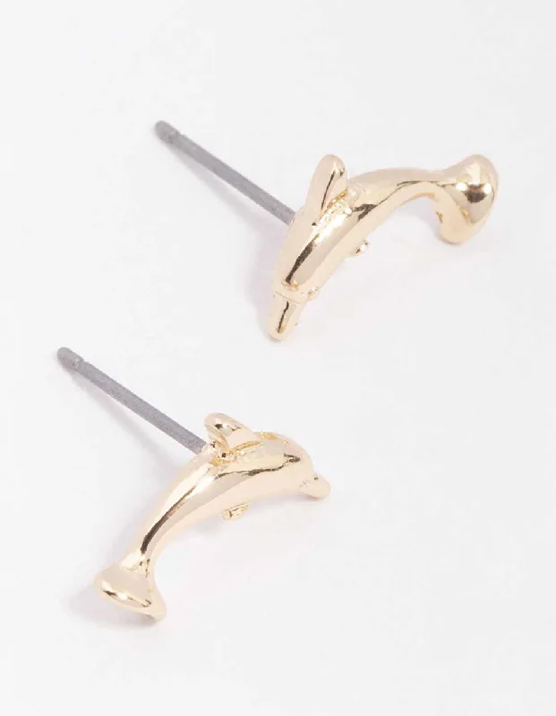 Women’s casual earrings-Gold Dolphin Stud Earrings