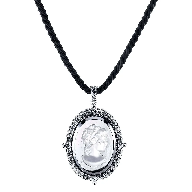 Women’s necklace with pendant-1928 Jewelry Black Rayon Twisted Cord Hematite Frost Cameo Pendant Necklace 16" + 3" Extender