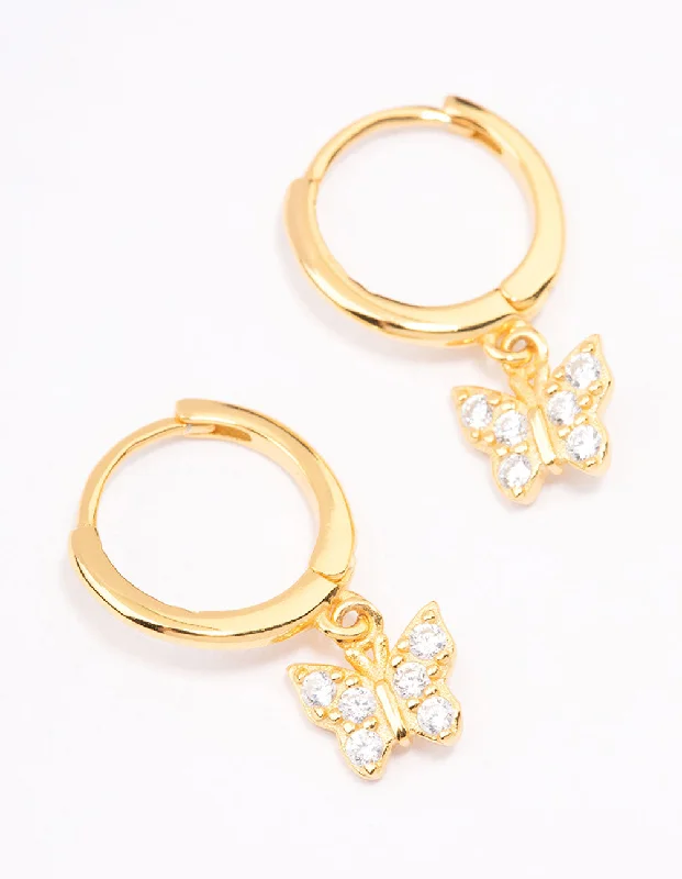 Women’s bohemian earrings-Gold Plated Sterling Silver Cubic Zirconia Butterfly Huggie Earrings