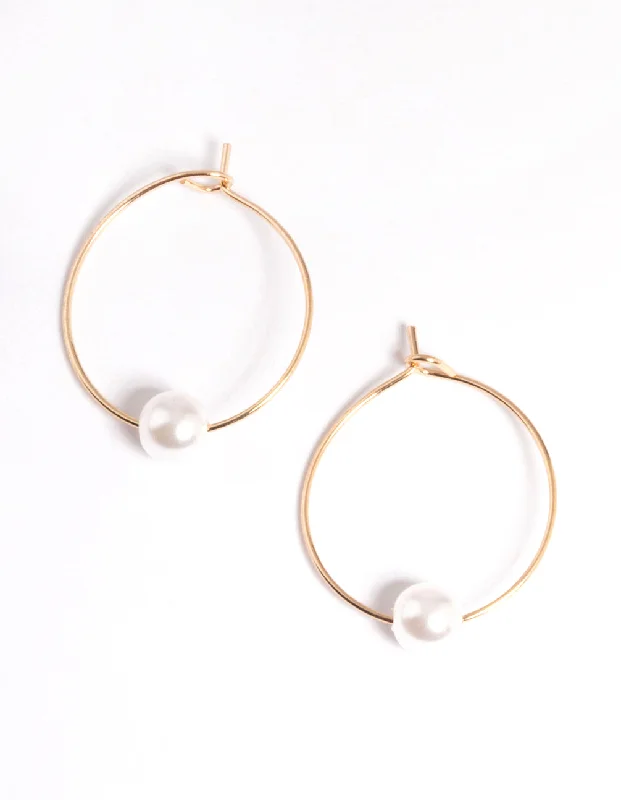 Women’s sterling silver studs-Gold Threaded Pearl Hoop Earrings