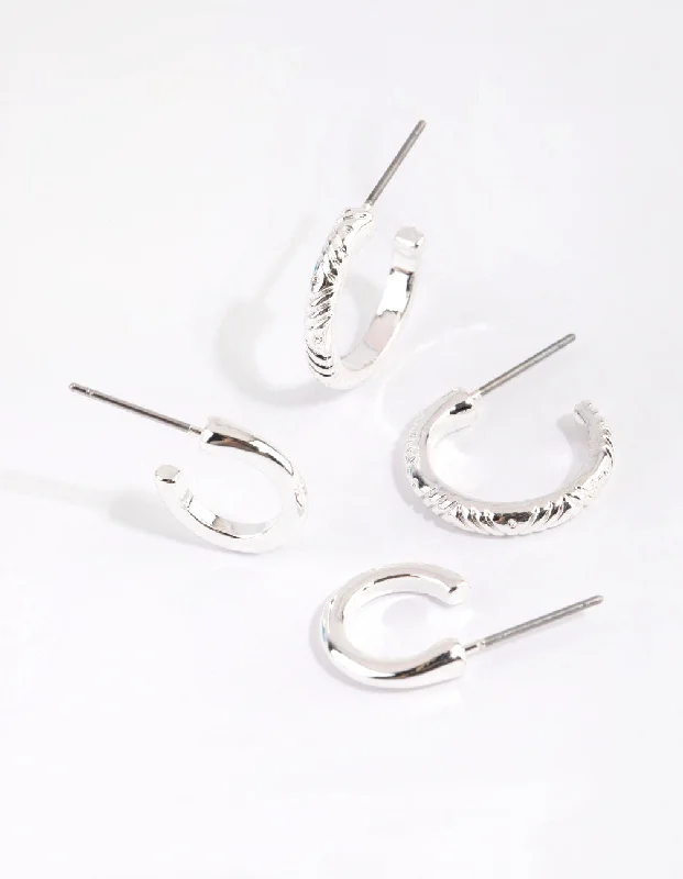 Women’s gold chain earrings-Silver Line Marked Hoop Earring Set