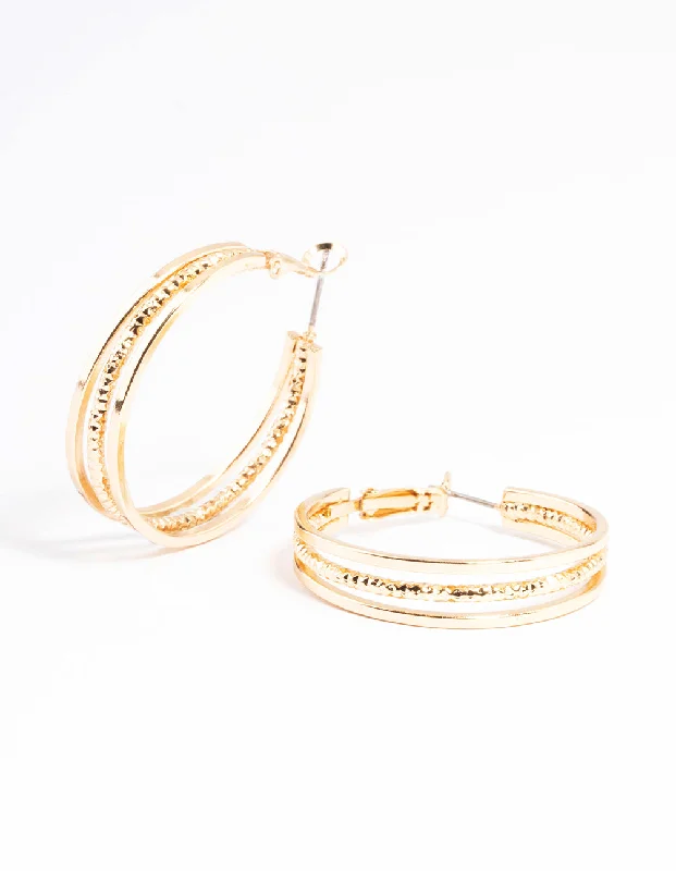 Women’s silver earrings-Gold Triple Split Textured Hoop Earrings