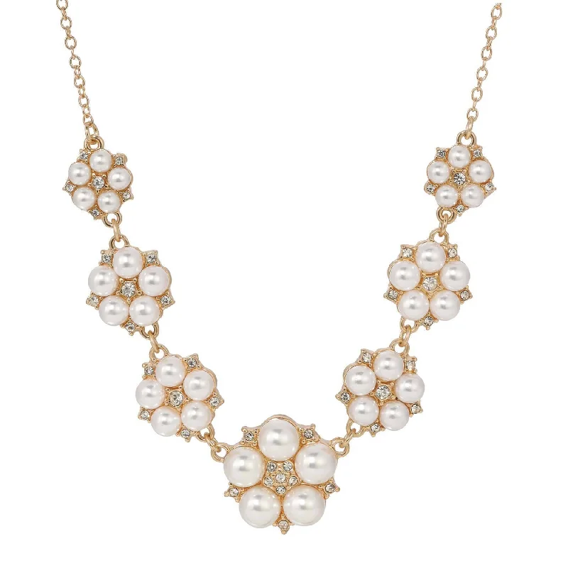 Women’s moon and stars necklace-1928 Jewelry Crystal Star Flower White Faux Pearl Necklace 16" + 3" Extender