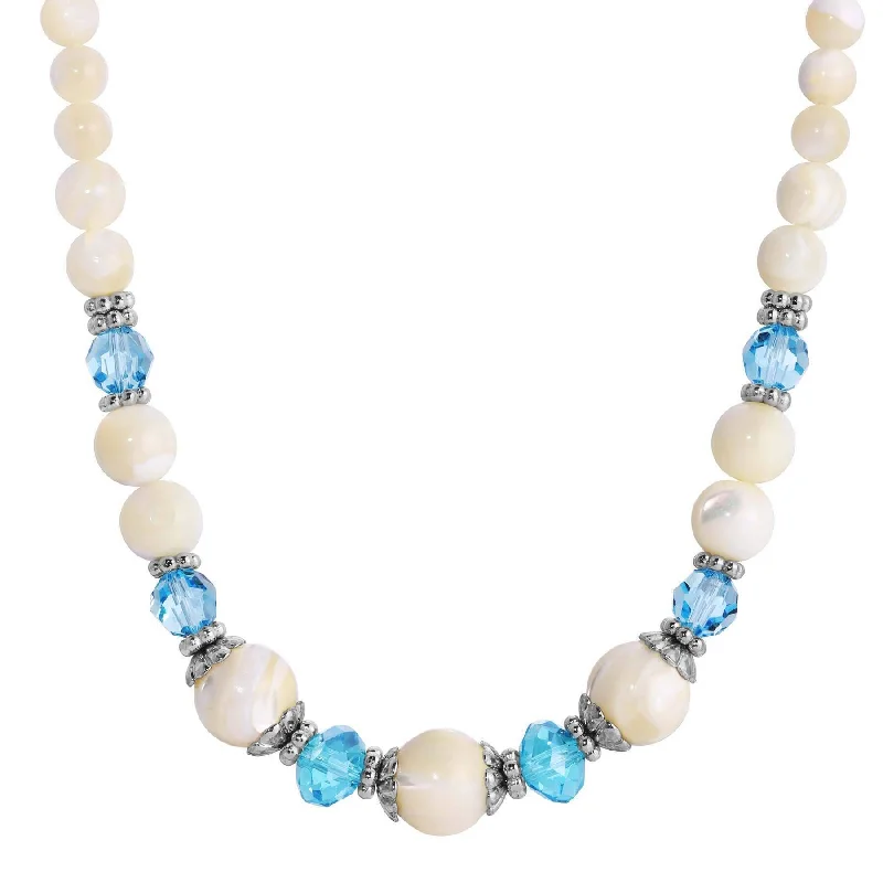 Women’s wedding necklace-1928 Jewelry Aquamarine Crystal Mother Of Pearl Necklace 15" + 3" Extender