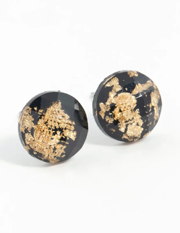 Women’s luxury pearl earrings-Black Gold Speck Circle Stud Earrings