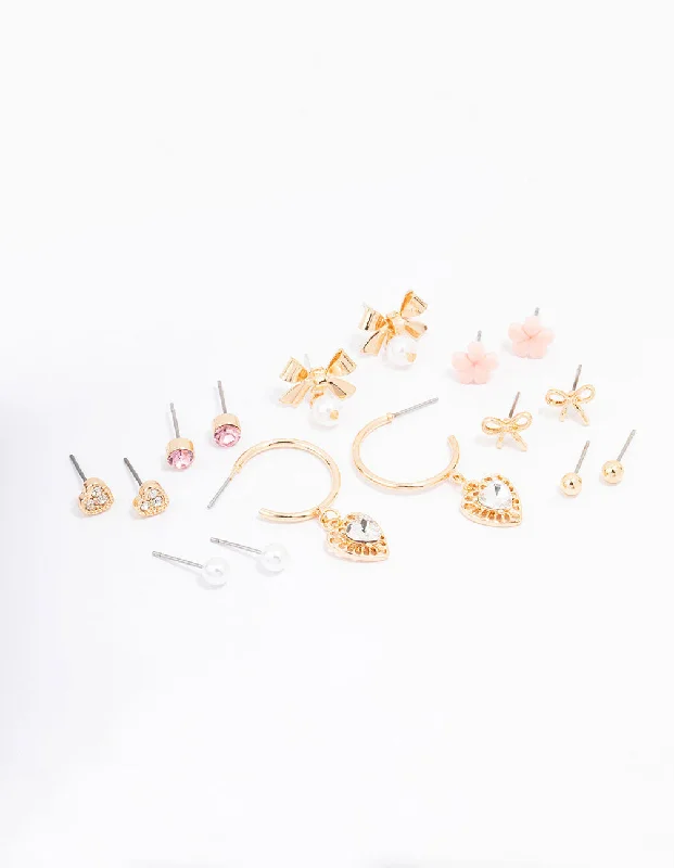 Women’s casual earrings-Gold Bow Flower & Pearl Earring 8-Pack