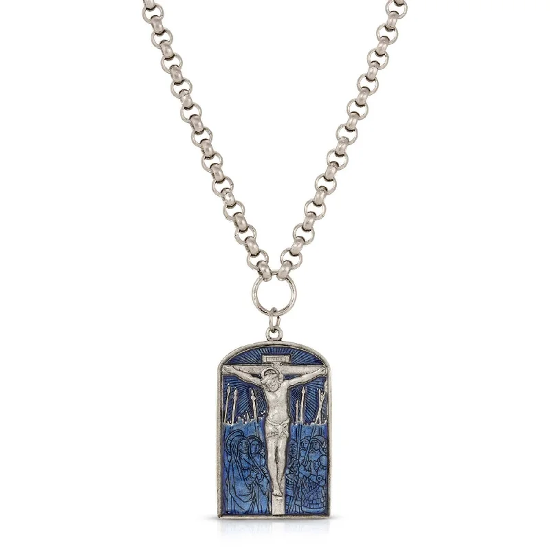 Women’s sterling silver chain necklace-Symbols Of Faith Crucifixion Scene Blue Enamel Pendant Necklace 22" + 3" Extender