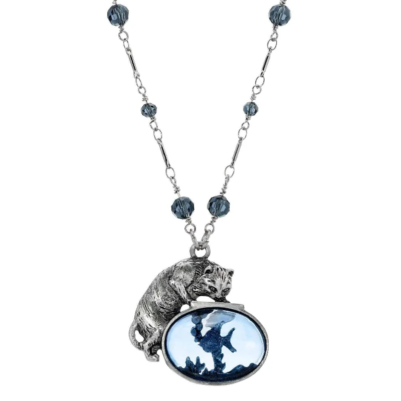 Women’s pendant necklace-1928 Jewelry Cat And Blue Fish Pendant Necklace 30"