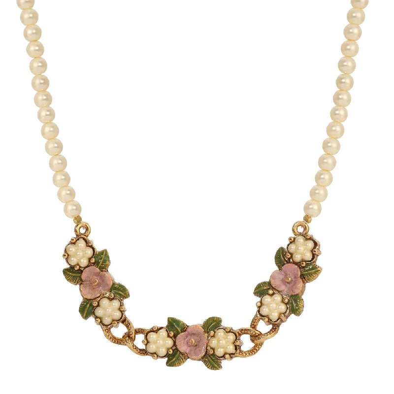 Women’s twisted gold necklace-1928 Jewelry Pearly Eden Pink Rose Enamel Faux Pearl Strand Necklace 17" + 3" Extender