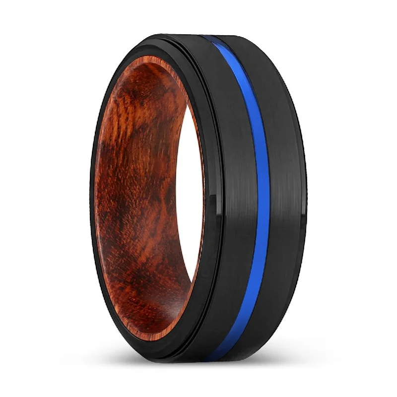 Women’s solitaire wedding ring-TAILS | Snake Wood, Black Tungsten Ring, Blue Groove, Stepped Edge