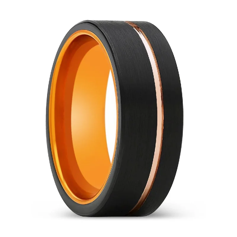 Women’s classic engagement ring-ULTRON | Orange Ring, Black Tungsten Ring, Rose Gold Offset Groove, Brushed, Flat