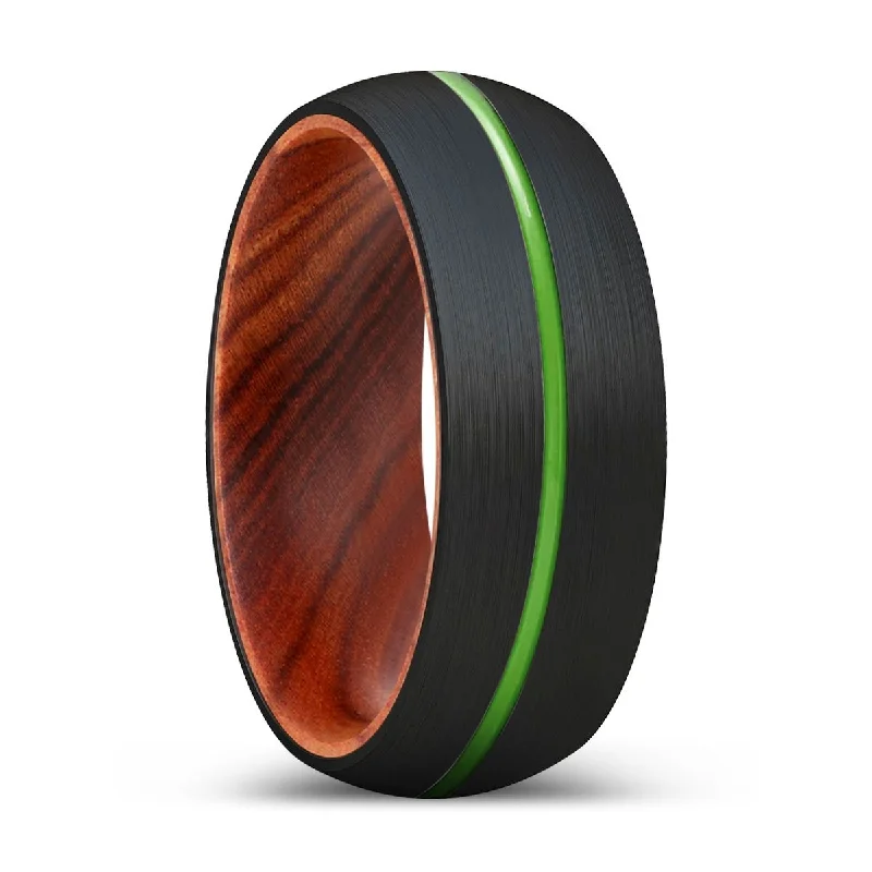 Women’s solitaire engagement ring-GOBLIN | IRON Wood, Black Tungsten Ring, Green Groove, Domed