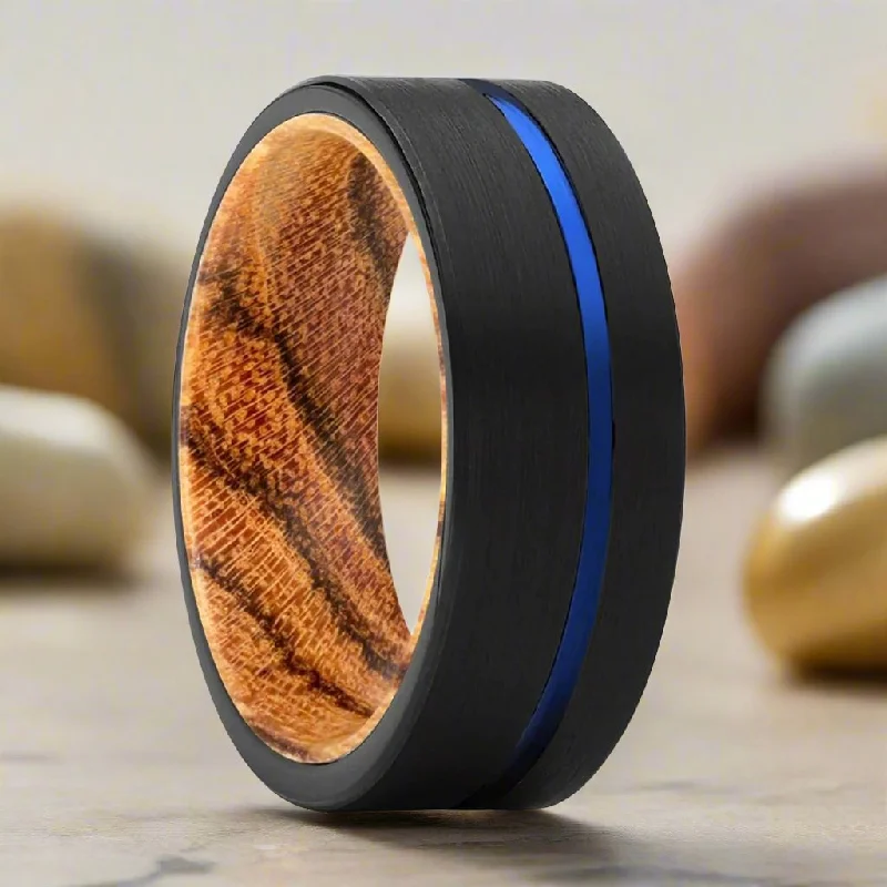 Women’s elegant sapphire ring-ADVENTUNE | Bocote Wood, Black Tungsten Ring, Blue Offset Groove, Flat