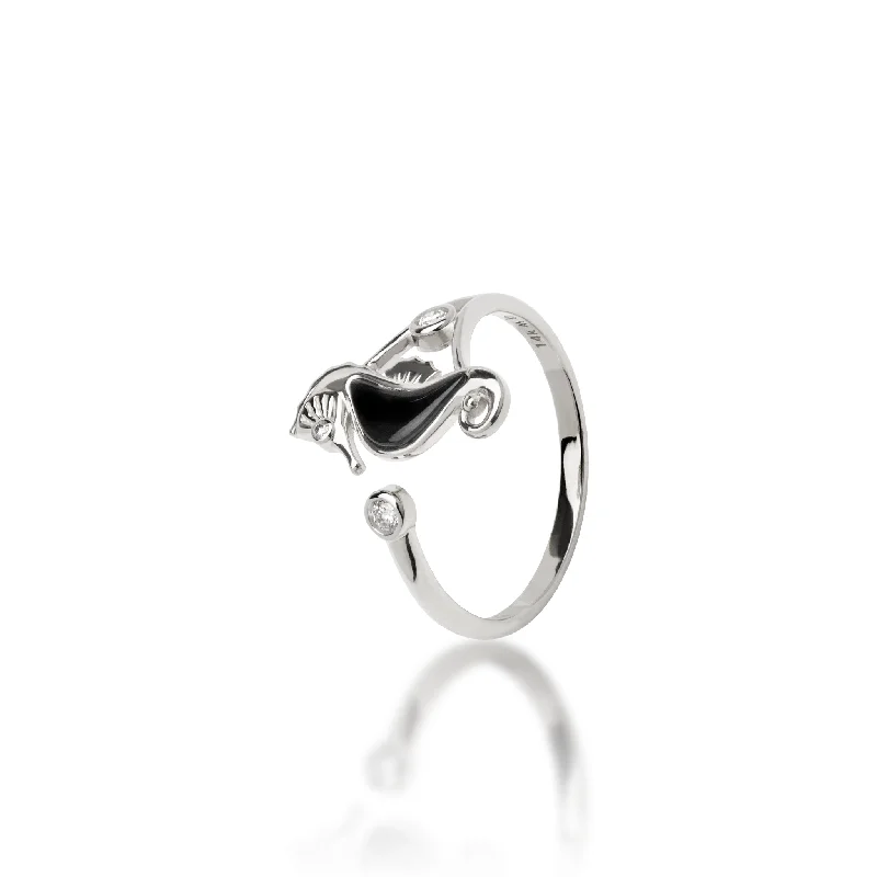 Women’s unique diamond engagement rings-Sealife Seahorse Black Coral Ring in White Gold with Diamonds - 15mm