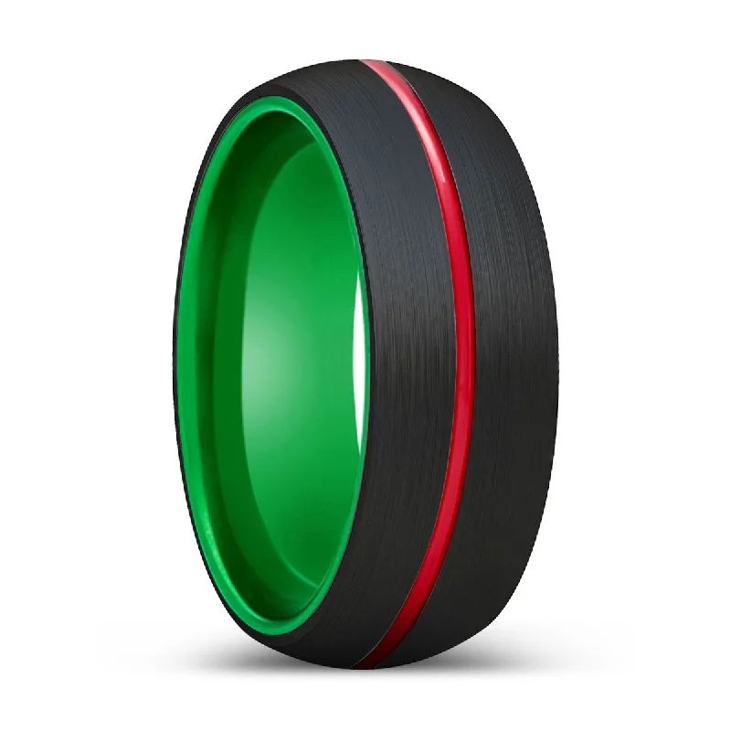 Women’s gemstone engagement ring-PEACOCK | Green Ring, Black Tungsten Ring, Red Groove, Domed