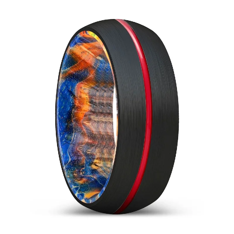 Women’s floral design engagement ring-COZMO | Blue & Yellow/Orange Wood, Black Tungsten Ring, Red Groove, Domed