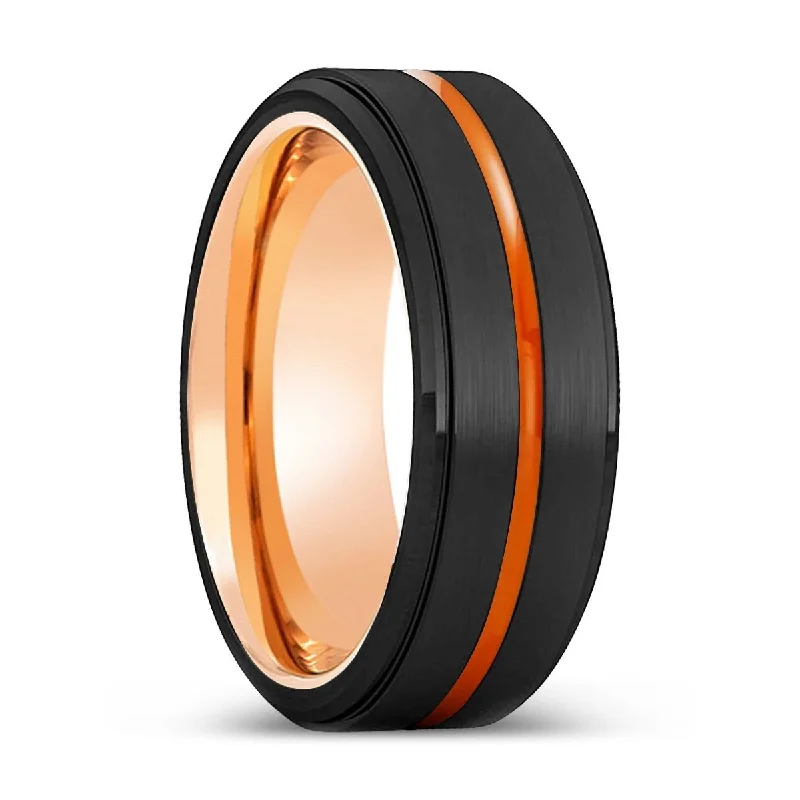 Women’s rose gold engagement ring-MONTGOMERY | Rose Gold Ring, Black Tungsten Ring, Orange Groove, Stepped Edge