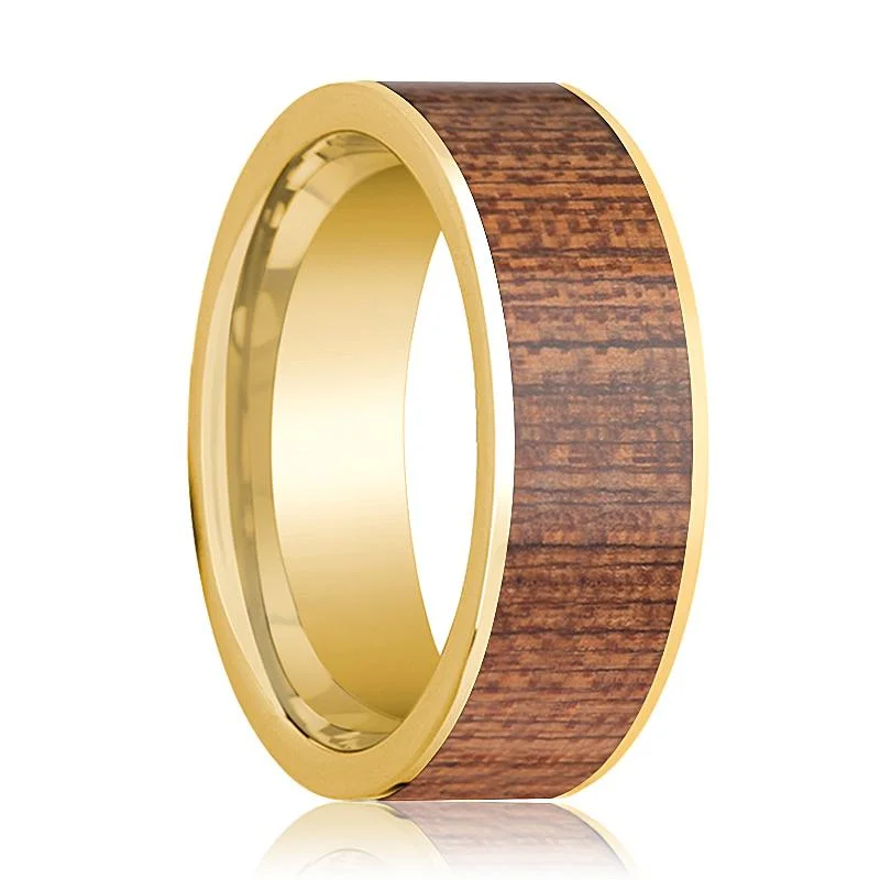 Women’s statement ring-Cherry Wood Inlaid Flat 14k Gold Wedding Band for Men Polished Finish - 8MM