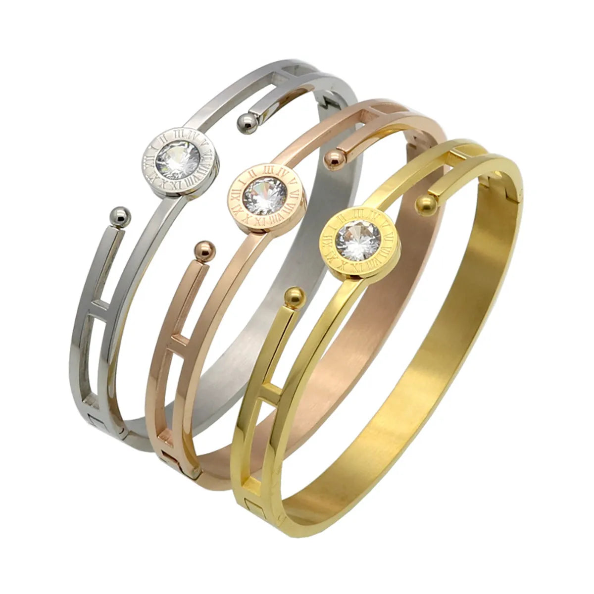 Women’s crystal bangles-Fashion Number Titanium Steel Inlay Rhinestones Bangle