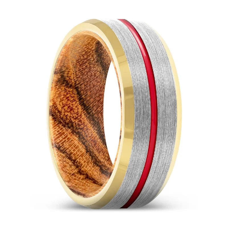 Women’s ring with emerald cut diamond-MAYHEM | Bocote Wood, Silver Tungsten Ring, Red Groove, Gold Beveled Edge