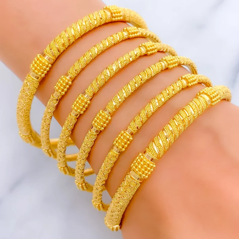 Women’s engraved bracelet-Decadent Sparkling Striped 22k Gold Bangle Set