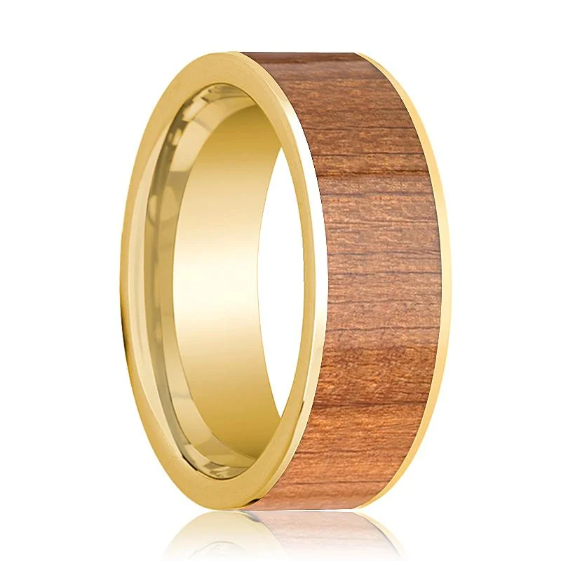 Women’s white gold ring-Sapele Wood Inlaid 14k Yellow Gold Flat Wedding Band for Men Polished Finish - 8MM