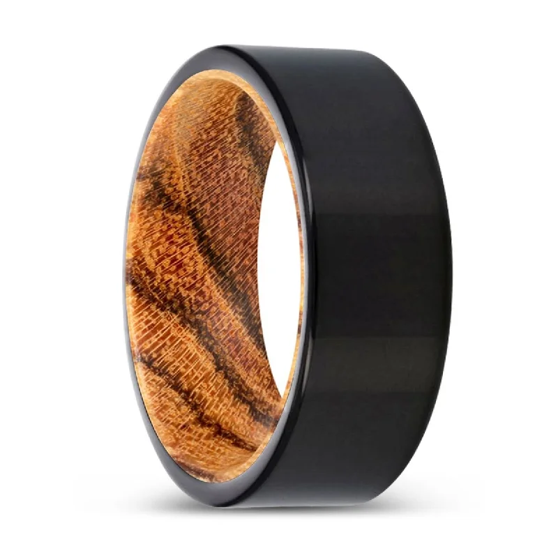 Women’s gold engagement ring-TORRINE | Bocote Wood, Black Tungsten Ring, Shiny, Flat