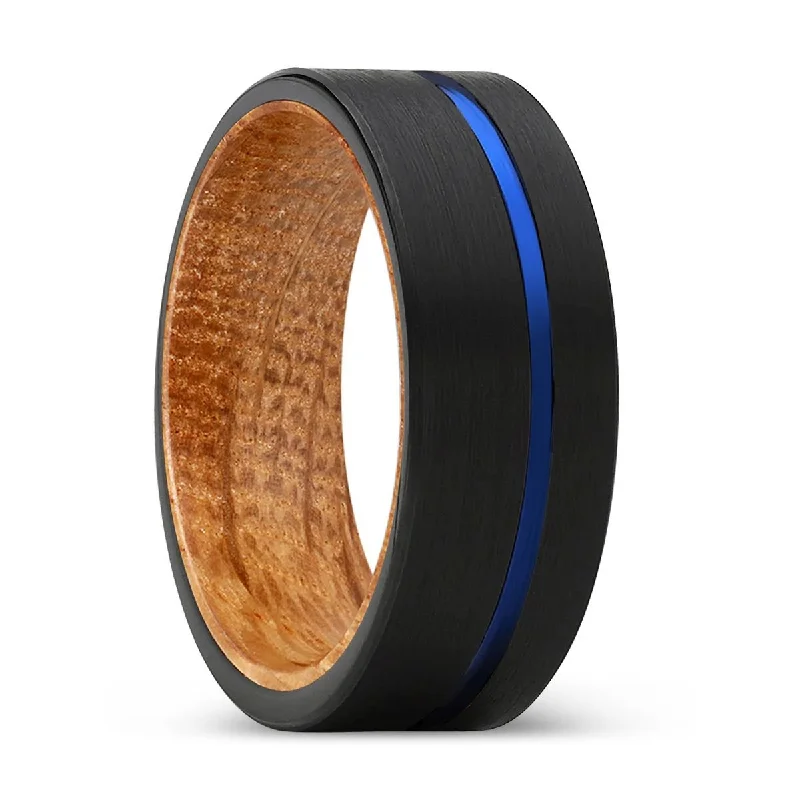 Women’s gemstone wedding ring-ALPHA | Whiskey Barrel Wood, Black Tungsten Ring, Blue Offset Groove, Flat