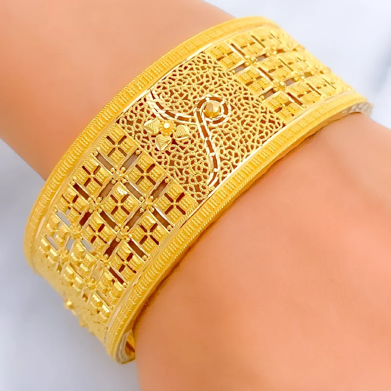 Women’s engraved charm bracelet-Opulent Square 22k Gold Bold Screw Bangle