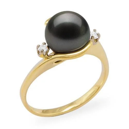 Women’s marquise engagement rings-Tahitian Black Pearl Ring in Gold with Diamonds - 9-10mm