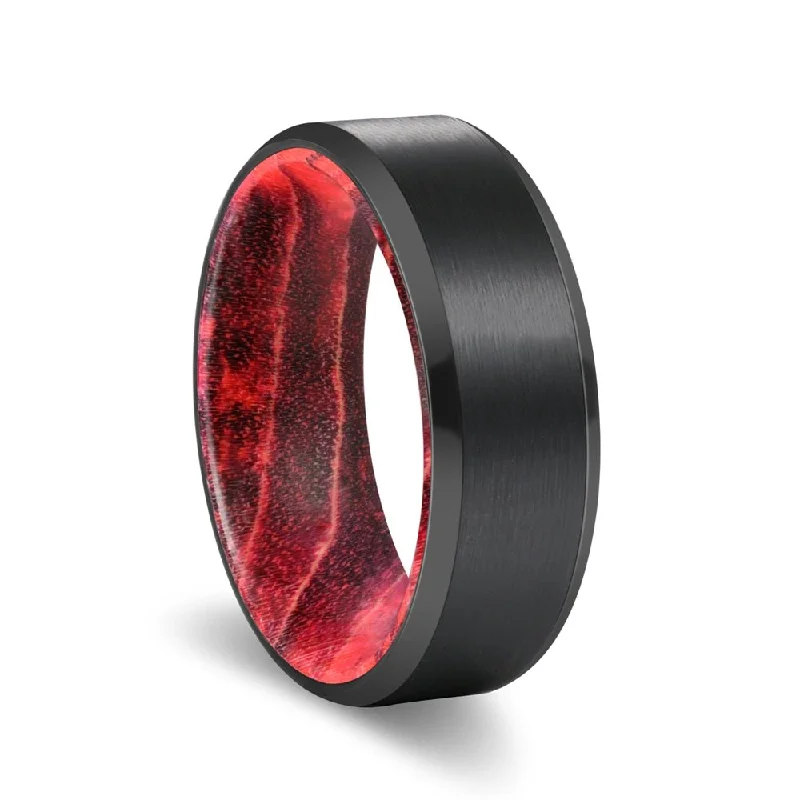 Women’s diamond eternity band-MARRON | Black & Red Wood, Black Tungsten Ring, Brushed, Beveled