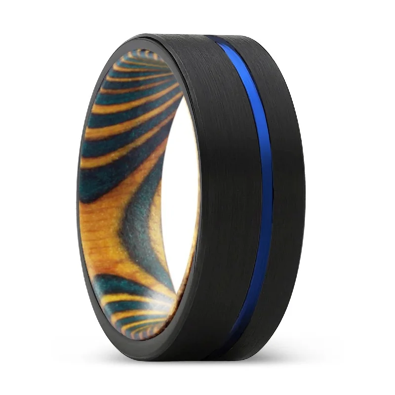 Women’s matching wedding bands-AVIAN | Green and Yellow Wood, Black Tungsten Ring, Blue Offset Groove, Flat